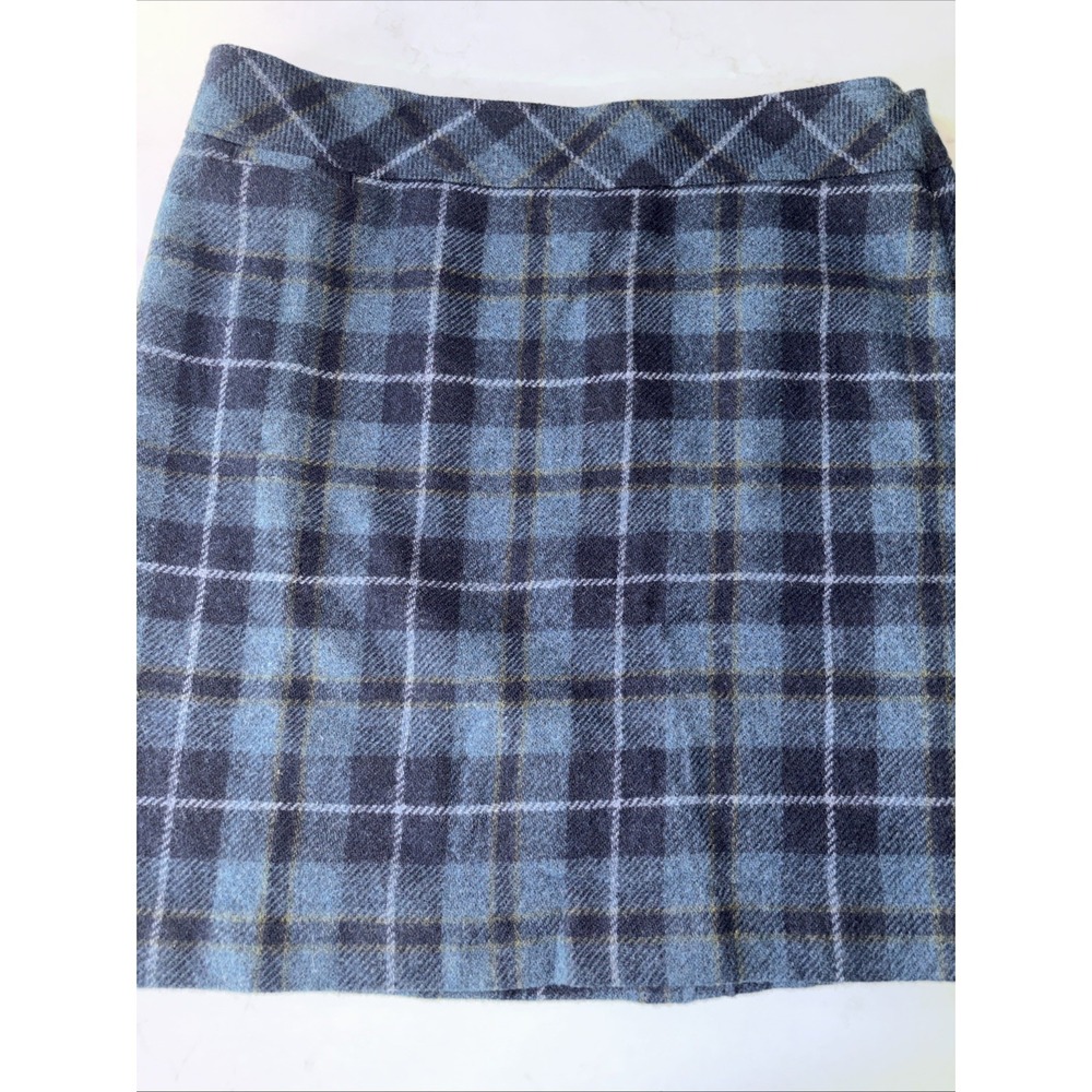 LL Bean Blue Plaid Wool Mini Skirt Womens 18 Lined Straight Preppy Academia